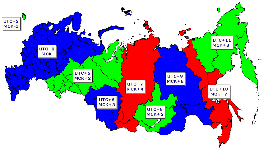 Россия. Административные часовые пояса. 2010-2011 годы